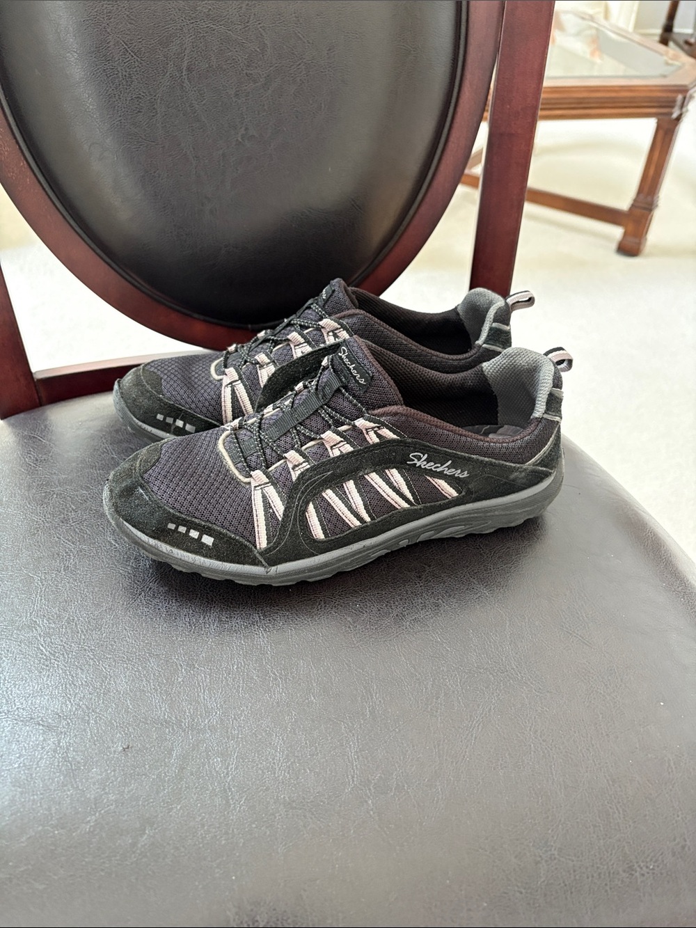 Skechers Black Athletic Slip-On Sneakers with Light Pink Stripes